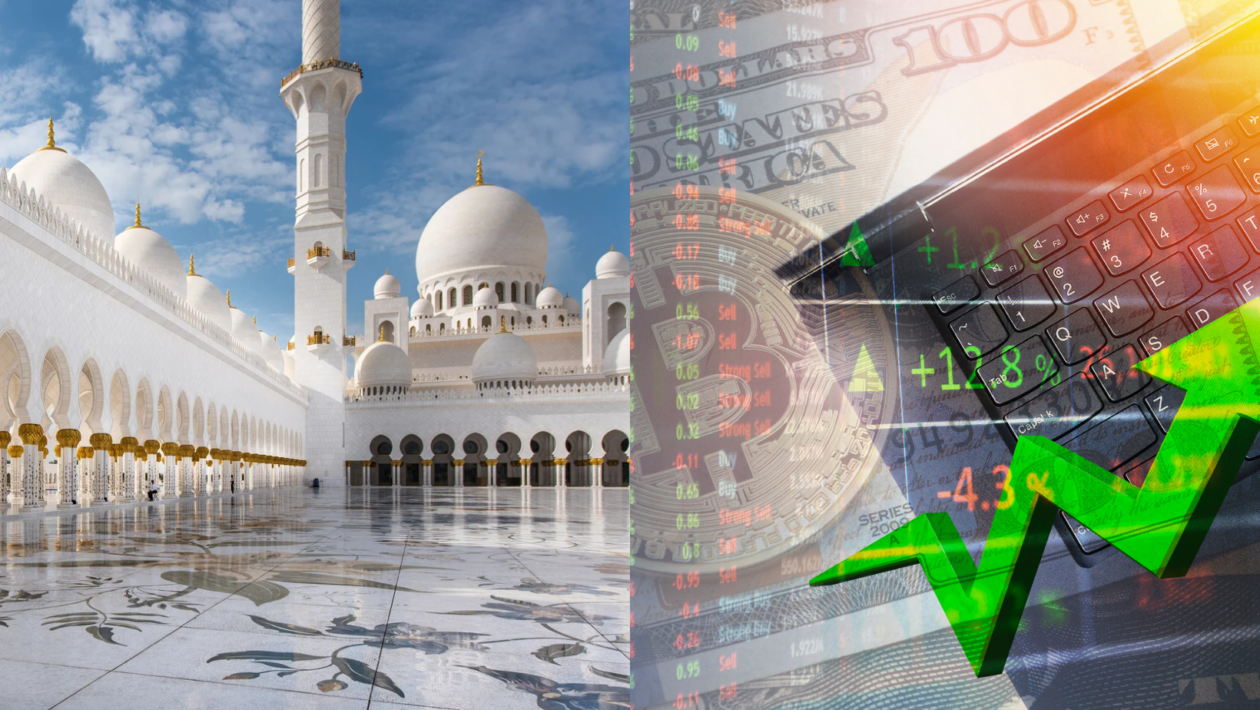 Mosque (left), figure showing cryptocurrency investments spike in value (right)