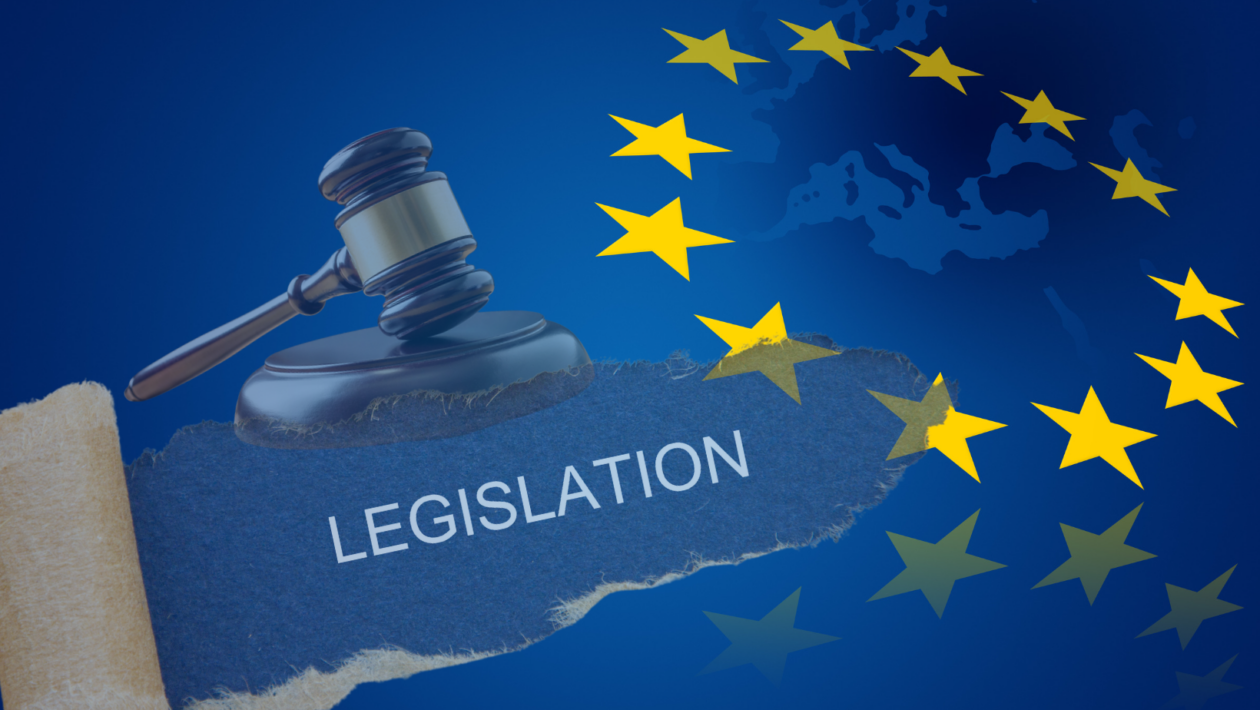 European Union concept with gavel and brown paper with the word legislation