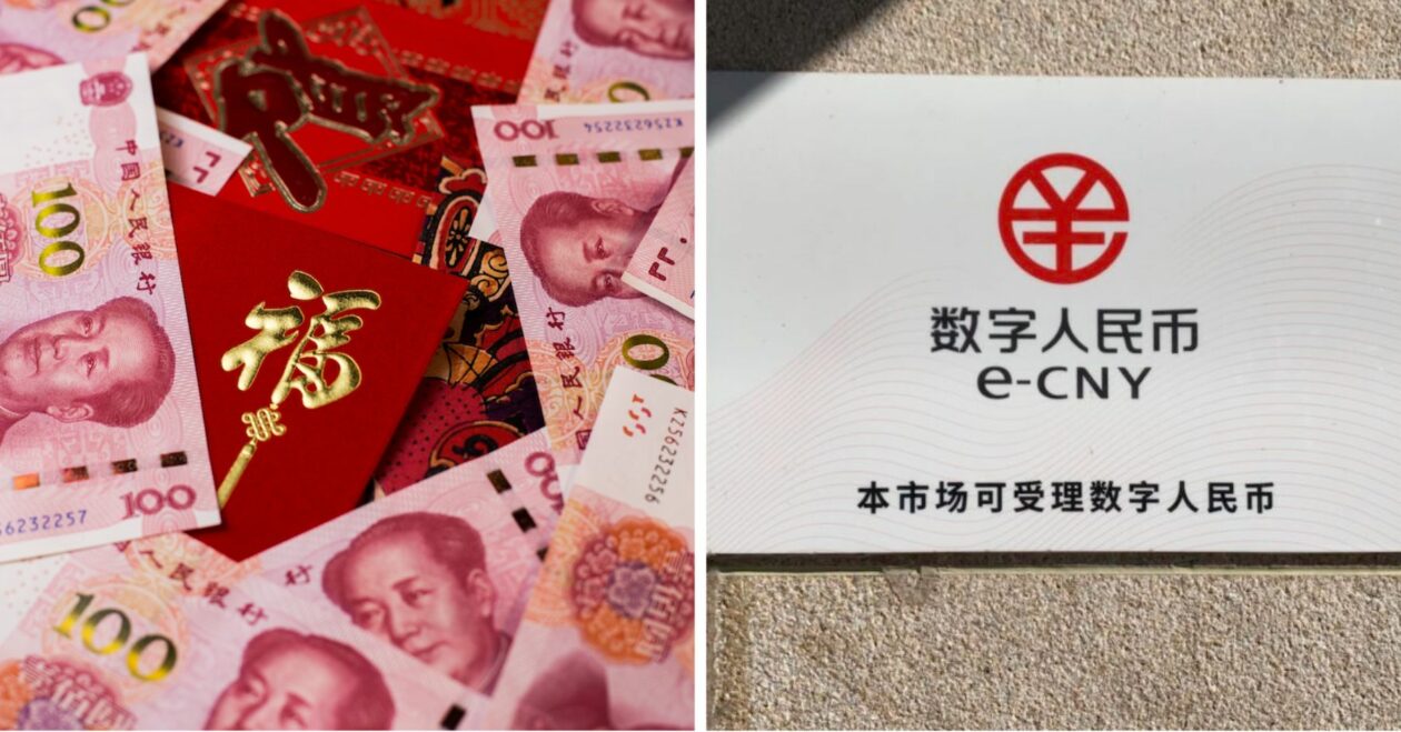 Closeup shot of 100 Chinese Yuan (CNY) banknotes and Chinese traditional red envelop, E-CNY logo