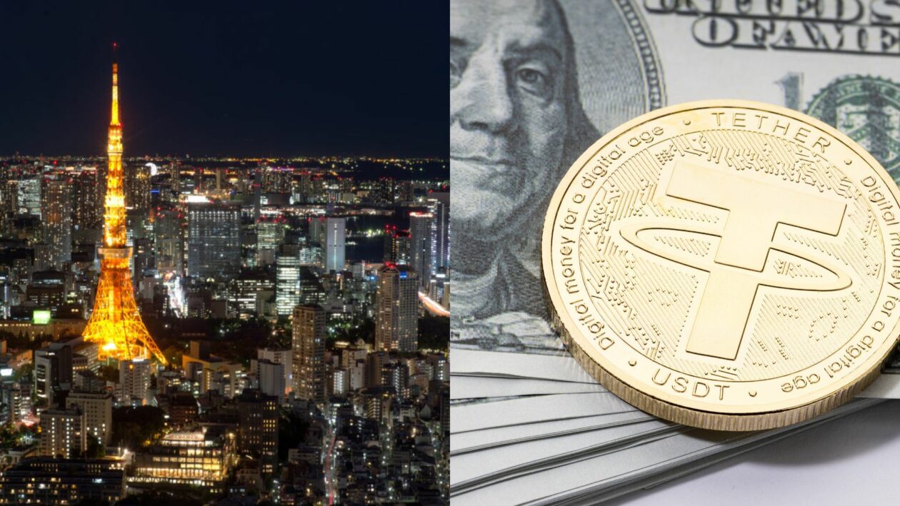 tokyo and tether stablecoin token on top of dollar bills | Japan’s financial regulator aims to lift ban on foreign stablecoin trading by June this year | japan stablecoin crypto regulation stablecoin ban