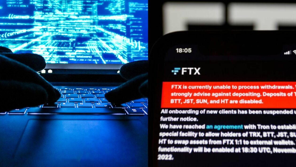 Image of hacker on laptop, FTX mobile app showing notice of withdrawal halt | FTX says US$415 mln in crypto was hacked since bankruptcy filing | ftx hack, binance, sam bankman-fried