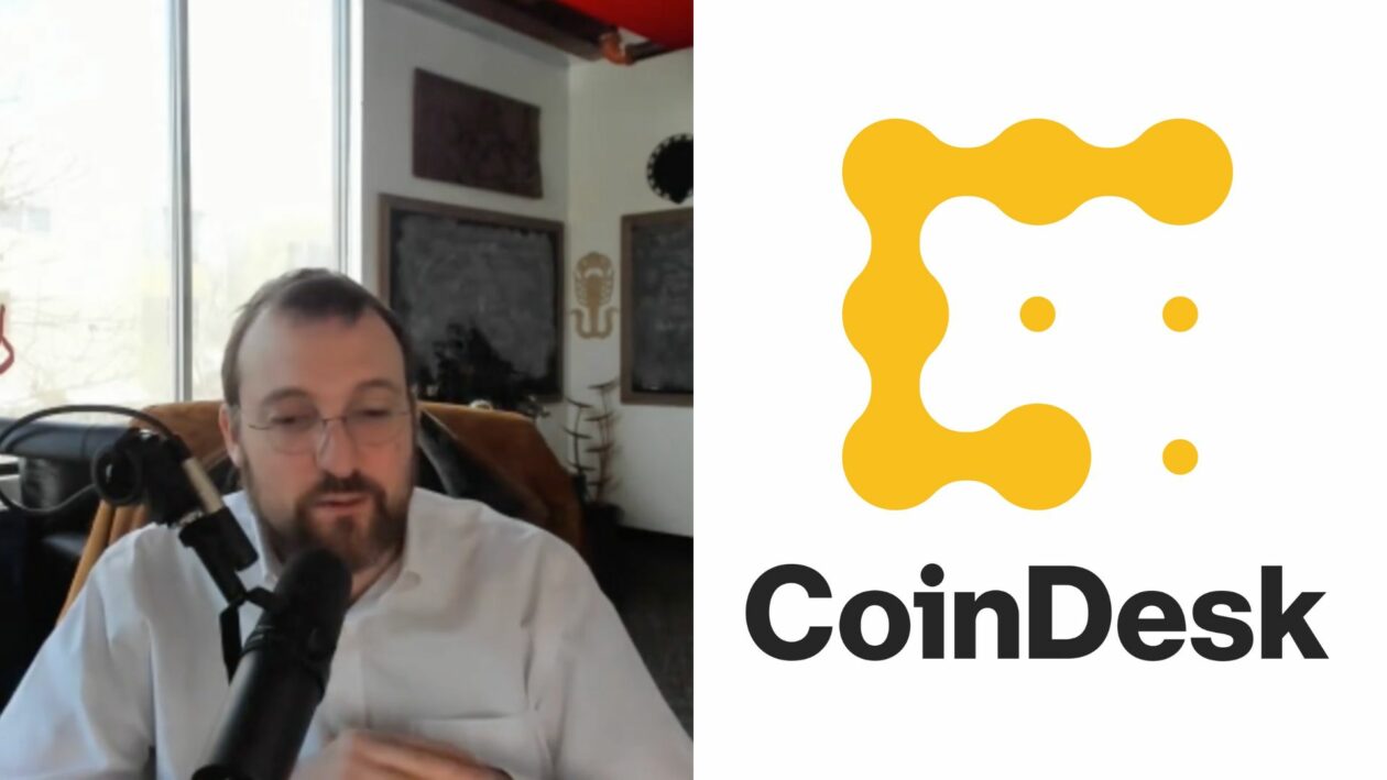 Cardano co-founder Charles Hoskinson and Coindesk logo | Cardano’s Hoskinson expresses interest in buying CoinDesk from cash-strapped Digital Currency Group | cardano, coindesk, dcg, digital currency group