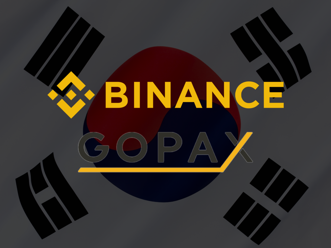 binance gopax logo, dark South Korean flag in the back | Binance declines comment on speculation it may buy South Korean crypto exchange GOPAX | binance gopax south korea changpeng zhao cz binance
