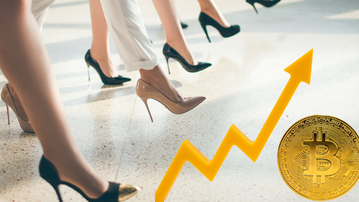 business women making steps; crypto rate upsloping