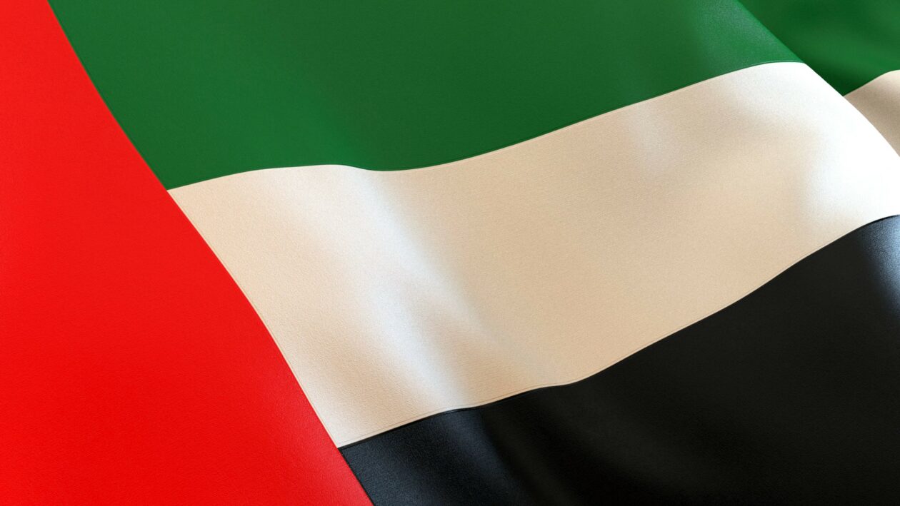 UAE / United Arab Emirates Flag with fine texture in angled view close-up
