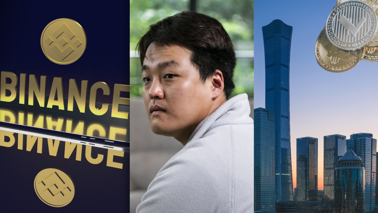 Binance logo, Do Kwon, and Hong Kong skyline with physical cryptocurrency models layered on top