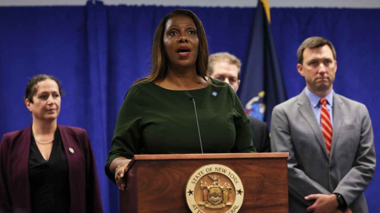 NEW YORK, NEW YORK - SEPTEMBER 21: NY Attorney General Letitia James speaks during a press conference at the office of the Attorney General on September 21, 2022 in New York, New York. NY AG James announced today that her office is suing former President Donald J. Trump and his children Donald Trump Jr., Ivanka Trump, and Eric Trump accusing the family of fraudulent statements of financial conditions to obtain millions in economic benefits. The lawsuit seeks to remove Trump and his children from their roles at their organizations and bans them from future leadership roles in the state of NY and repay $250 million that was illegally obtained. (Photo by Michael M. Santiago/Getty Images)