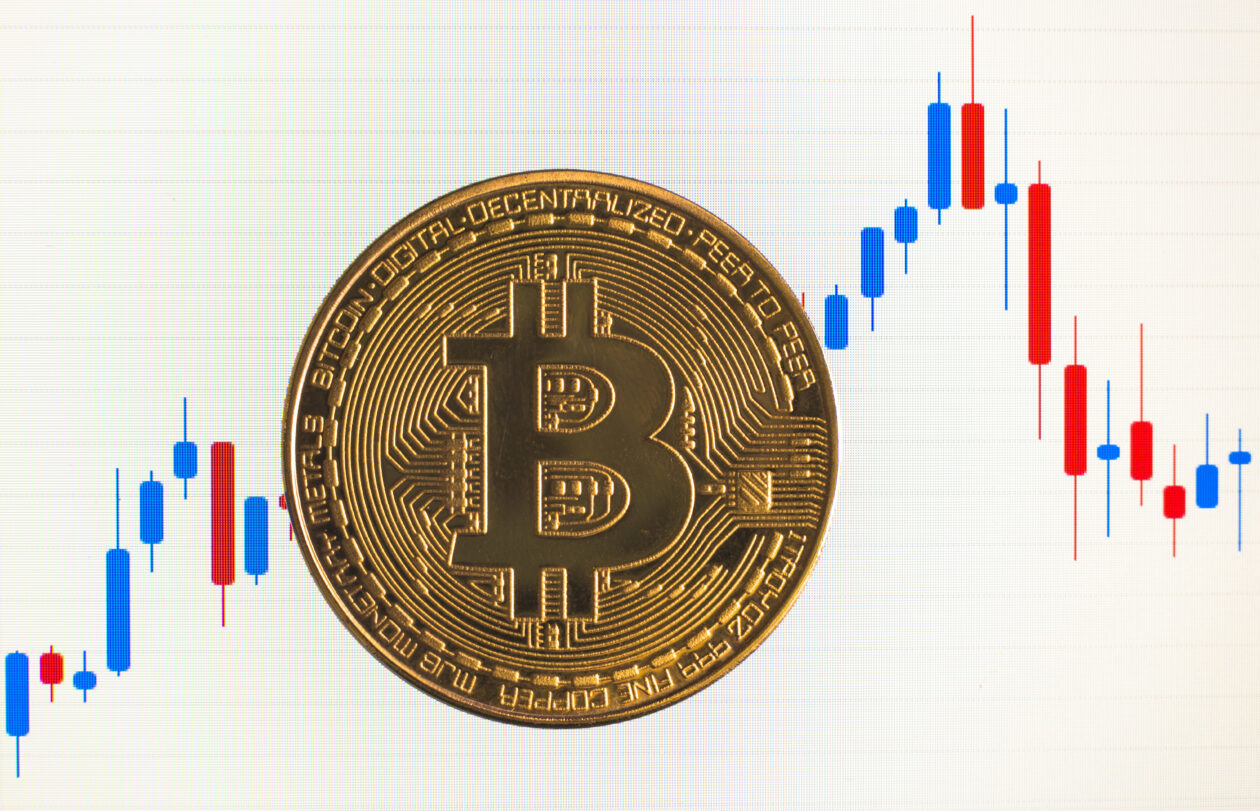 Bitcoin in front of a chart | Bitcoin tracks equities lower on downbeat Fed, Treasury comments on rates, banks | Markets, BTC - Bitcoin, ETH - Ethereum, Federal Reserve, Bank
