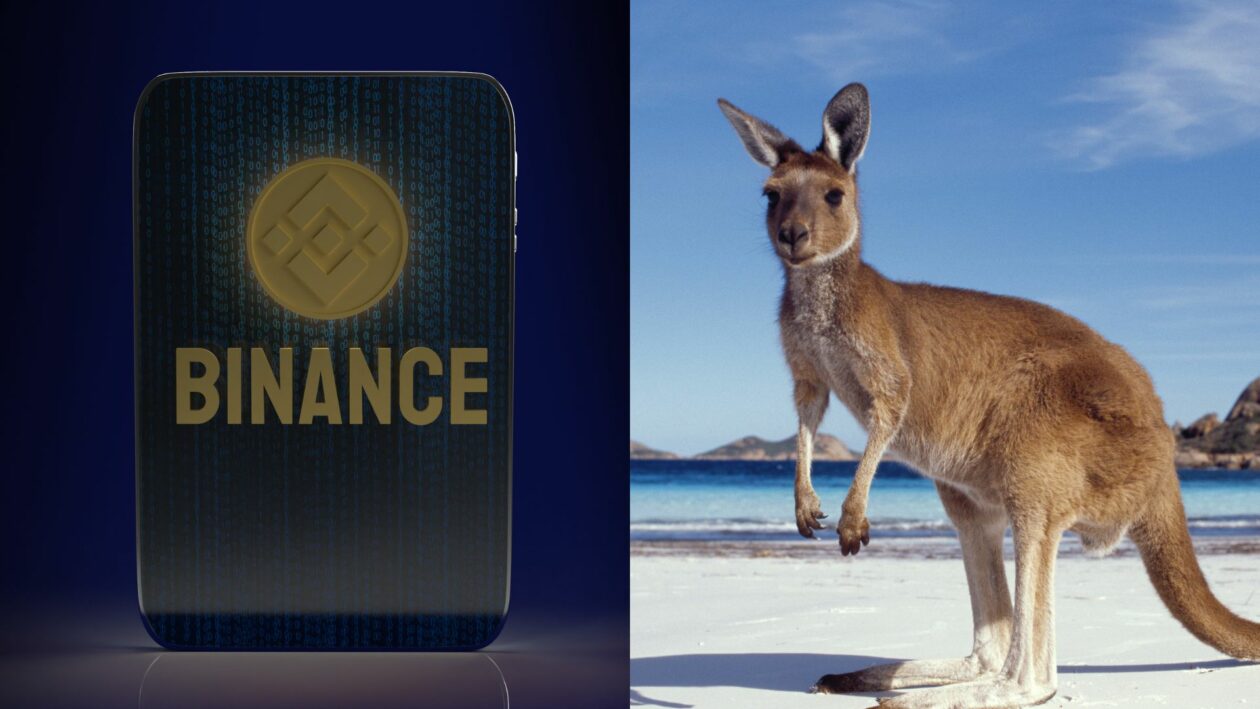 Binance logo displayed on screen and a kangaroo.