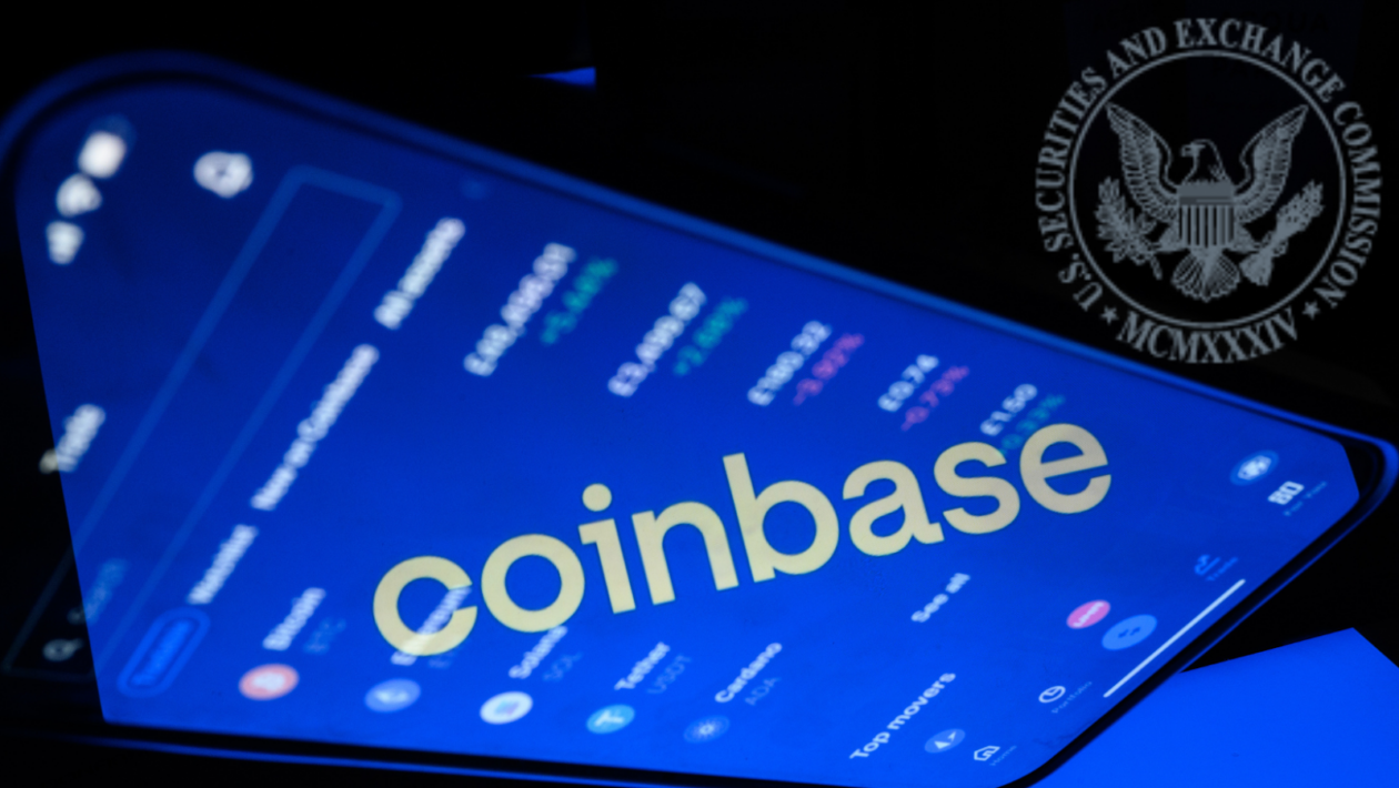 Coinbase app displayed on mobile phone with SEC's logo on top right corner. 