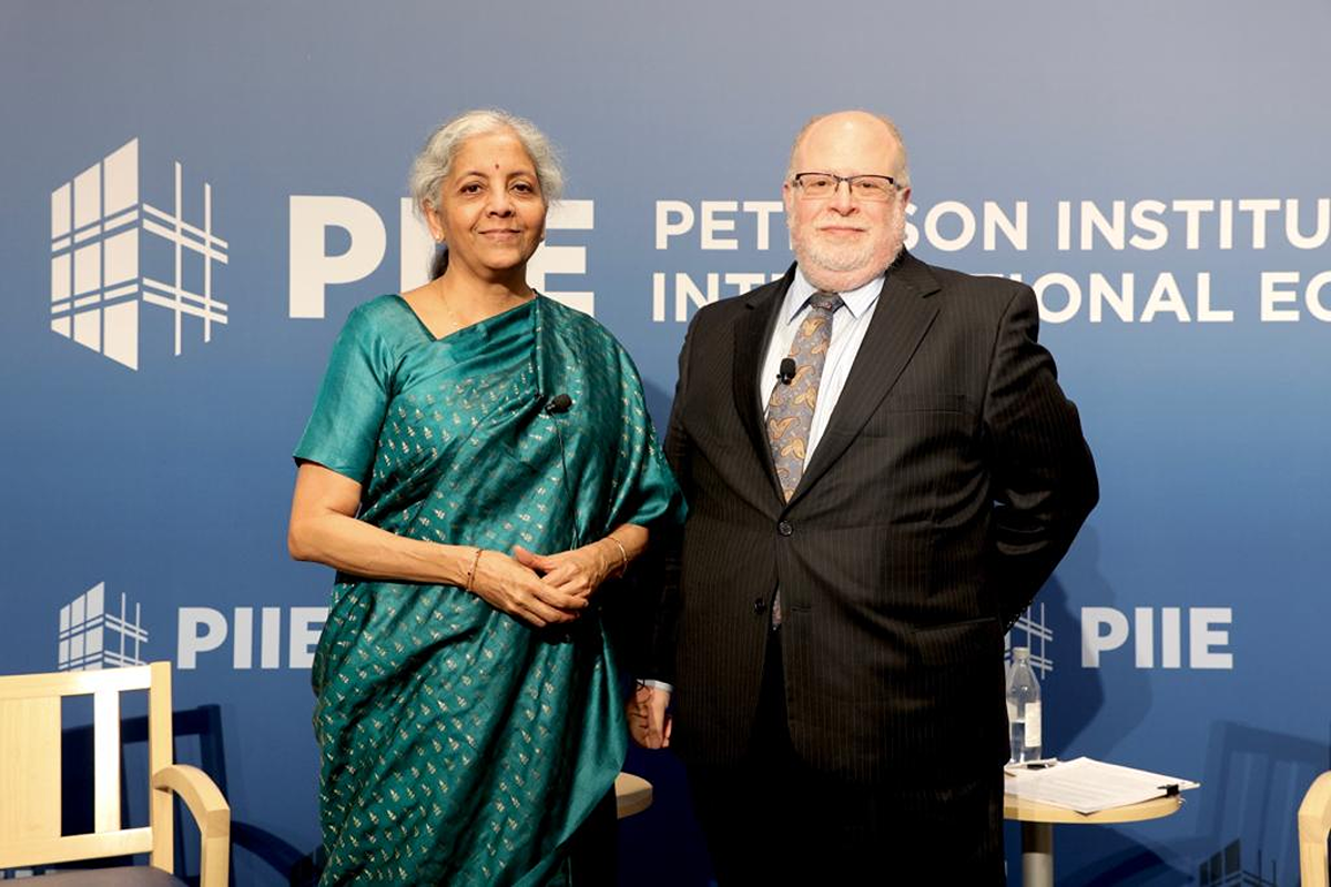India Finance Minister Nirmala Sitharaman (left) and Adam Posen, President of Peterson Institute for International Economics.