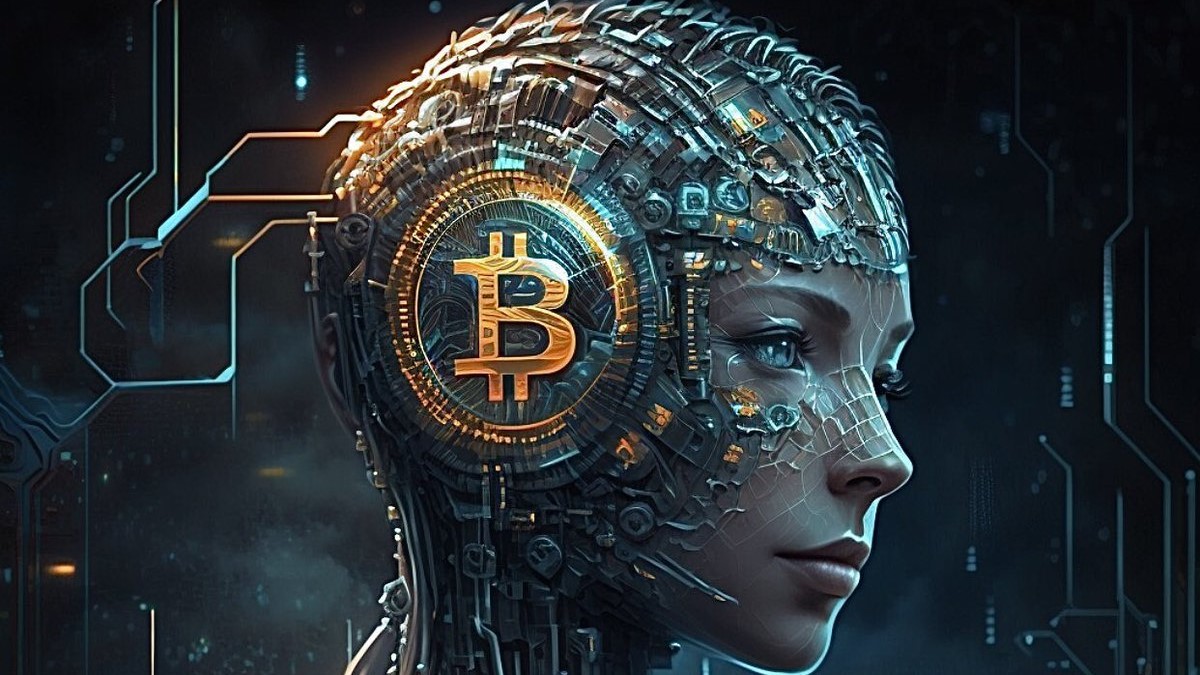 A humanoid robot with a large Bitcoin logo over its right ear.