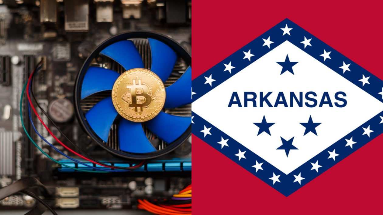 Bitcoin Mining graphic and Arkansas state flag | Arkansas joins Montana, Texas with bills on guidelines, protection for Bitcoin miners | bitcoin mining texas montana