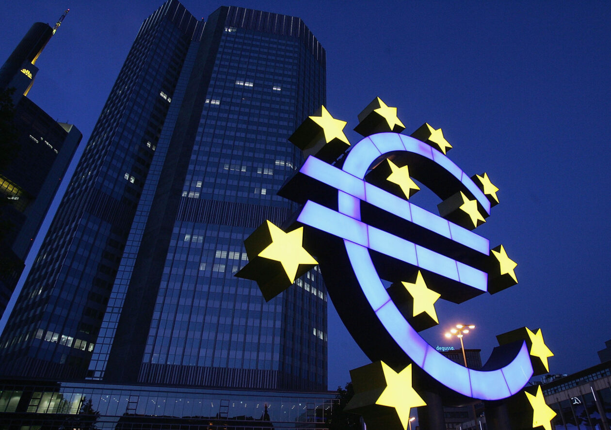 A huge euro logo is seen in front of the headquarters of the ECB in Frankfurt, Germany.