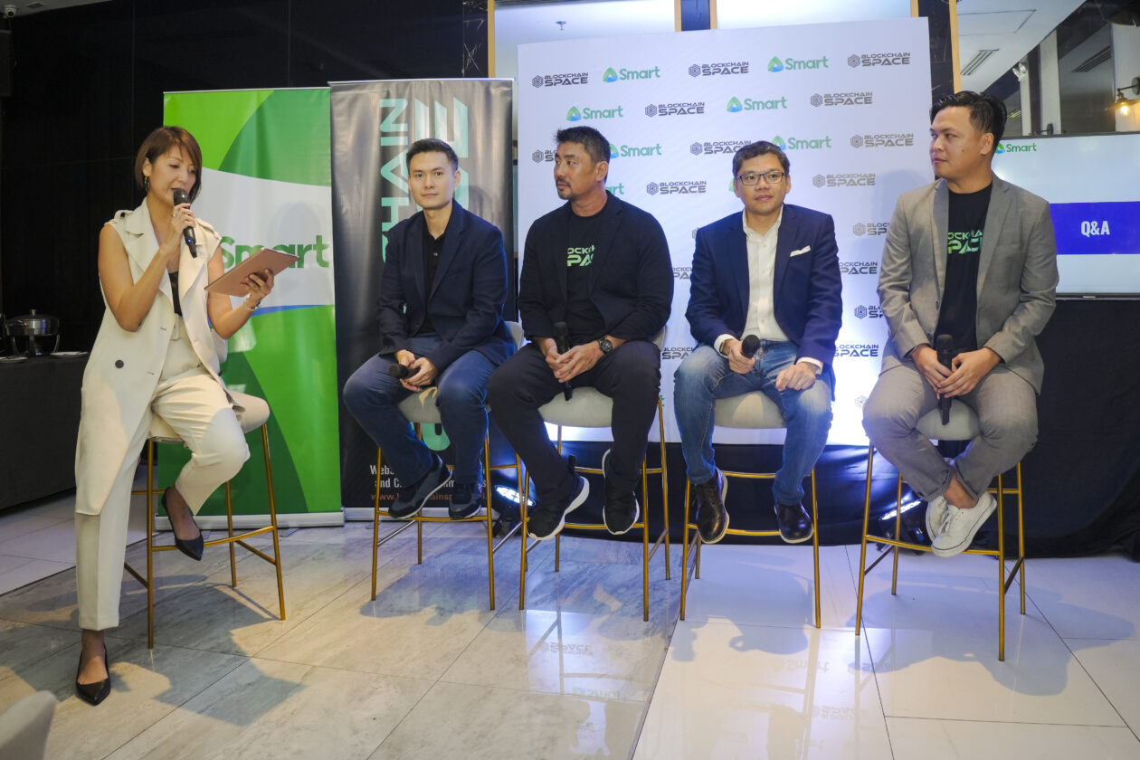 (From left to right) Dexter Chan, Smart acting vice president for content business development; Peter Ing, BlockchainSpace founder and chief executive officer; Lloyd Manaloto, Smart first vice president head of prepaid and content; and Aspen Sañez, BlockchainSpace global head of marketing.