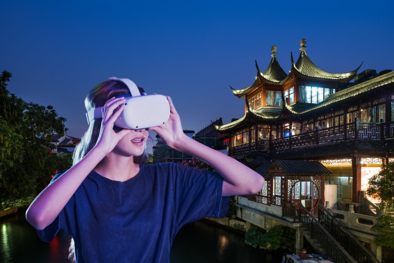 Nanjing City & Woman wearing VR gear | China Nanjing city launches metaverse organization | China, Metaverse, Web 3.0