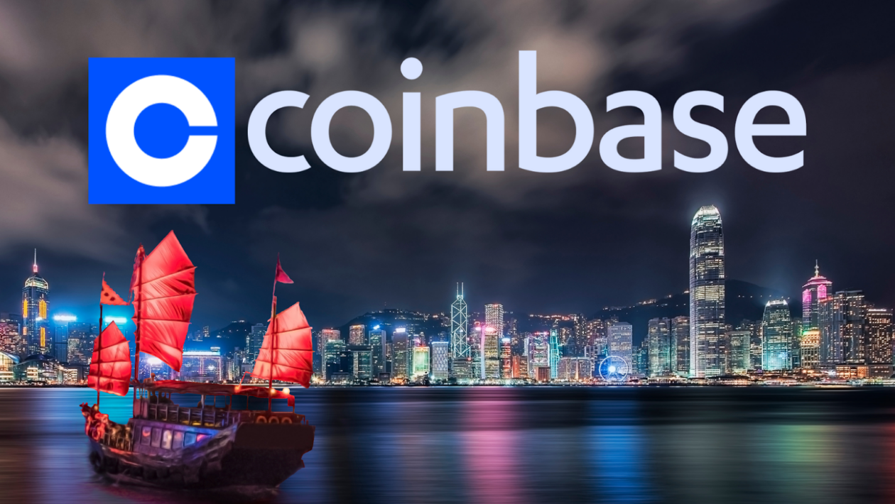 Coinbase logo layered on top of Hong Kong skyline.