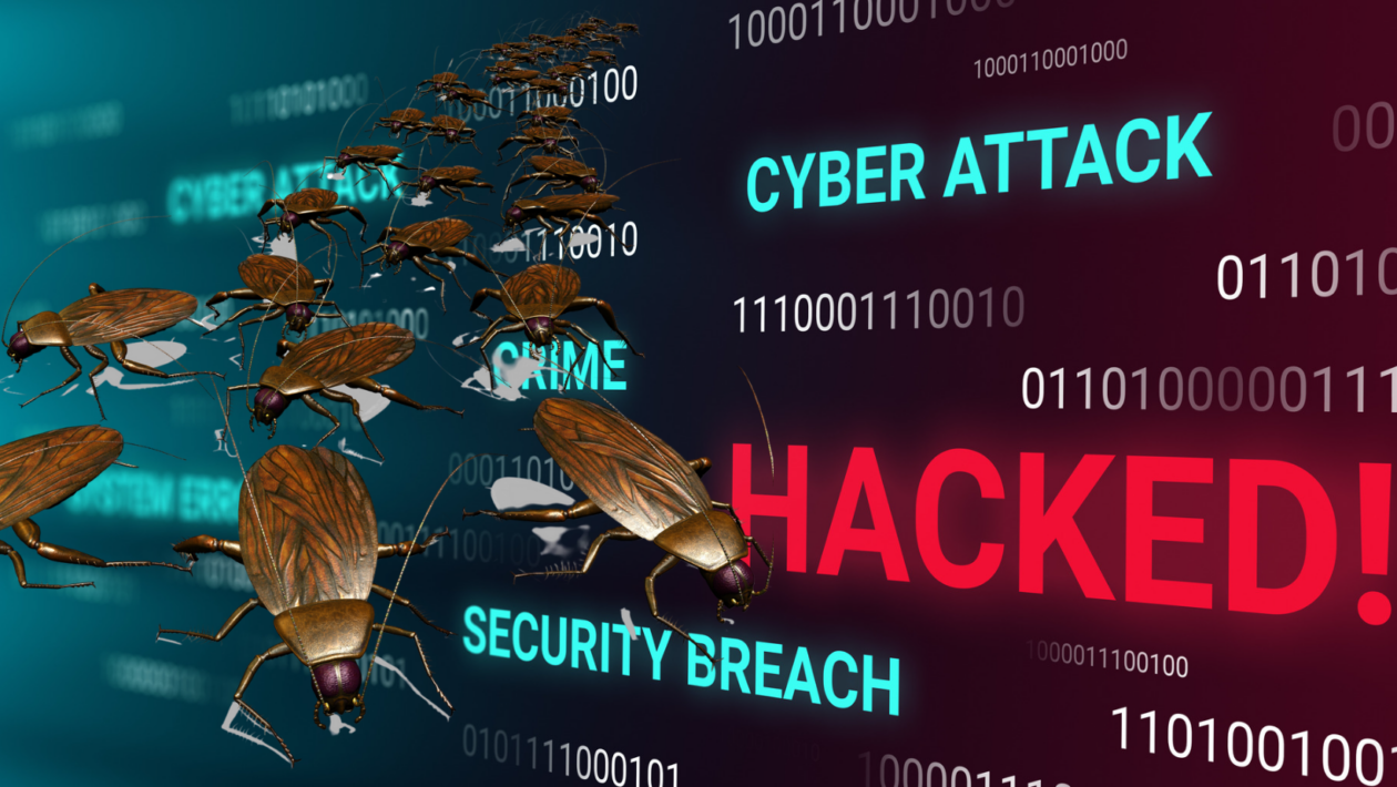 Cyber attack and hack graphic visual with cockroaches crawling in front.