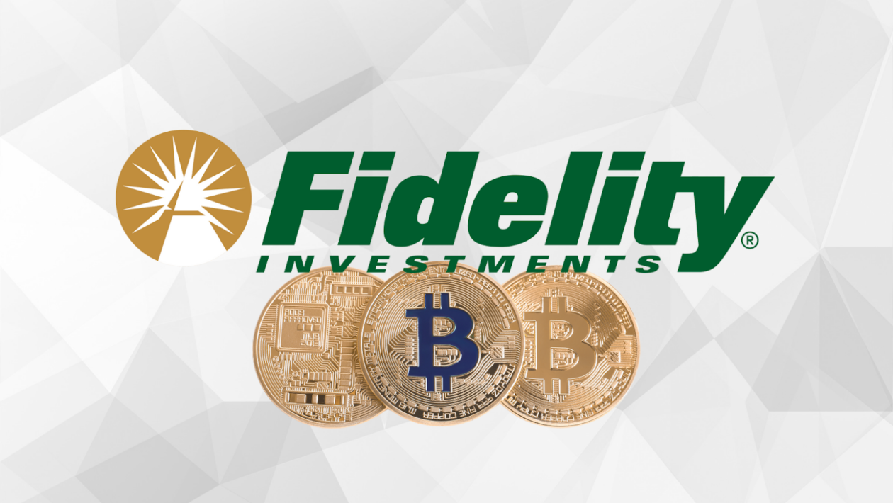 Logo of Fidelity layered over physical Bitcoin models.