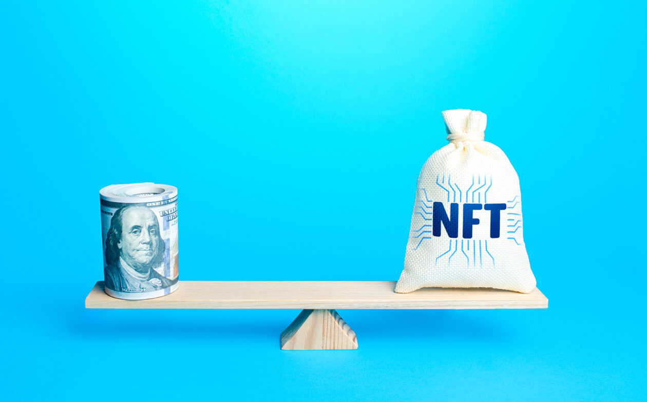 Bag with NFT non-fungible token and a bundle of dollars on scales. Sell digital assets of art through auction. Monetization, investment in cryptographic tokens, cryptocurrency. Blockchain technology.