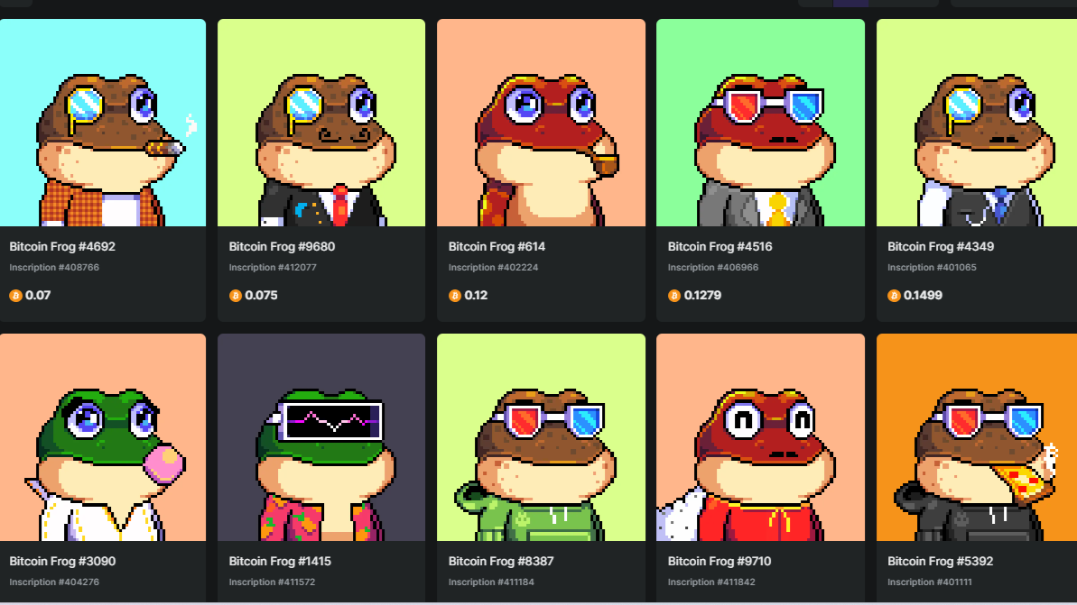 A screenshot of Bitcoin Frogs, from Ordinals.Market, displaying Bitcoin Frog Ordinals listed for sale