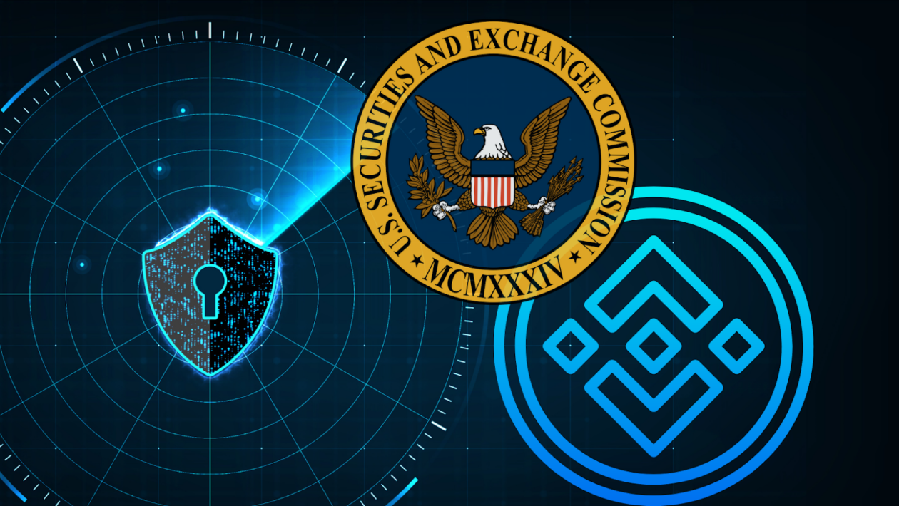 SEC and Binance logos with a visualization of a security lock. 