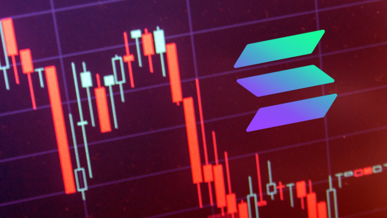 Solana logo in on top of troubled markets graph