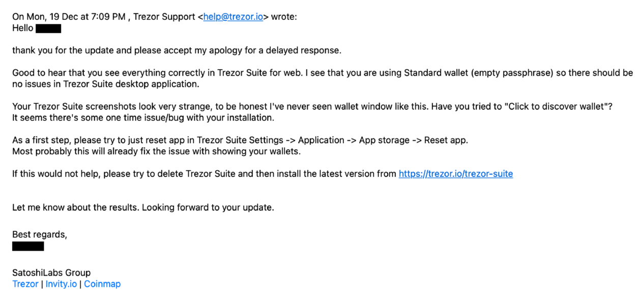 Screenshot of an email exchange between Trezor creator SatoshiLabs and scam victim. 