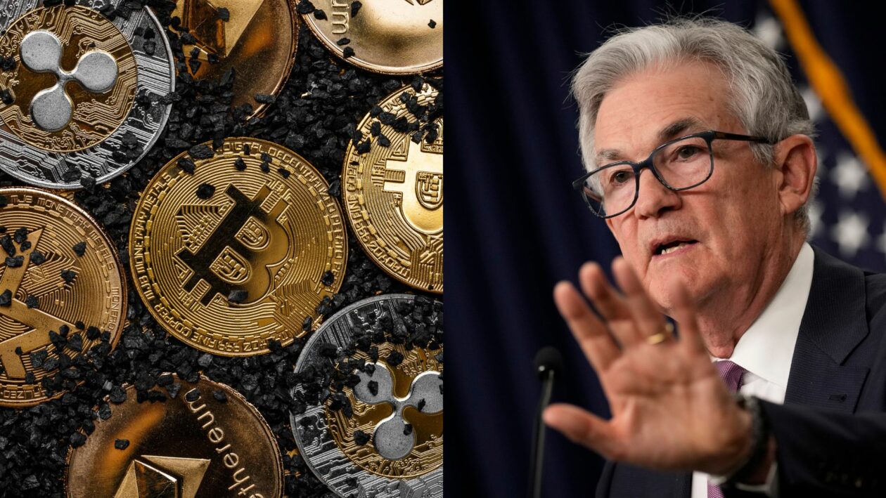 pile of Crypto and Fed chair Jerome Powell | Bitcoin, Ether, top 10 crypto in red in thinner trading, Fed warning of more rate hikes | bitcoin price today, ether, cardano, solana, ripple xrp, fed interest rate