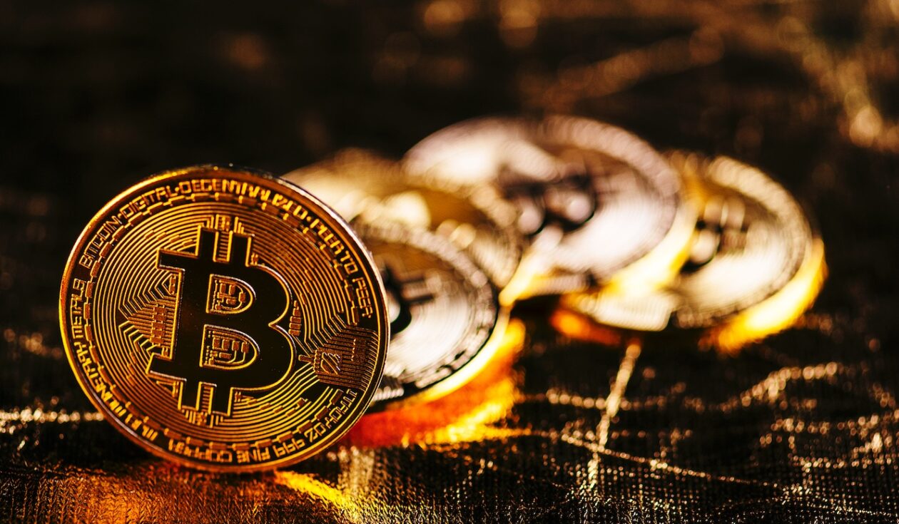 Closeup of golden bitcoin BTC cryptocurrency