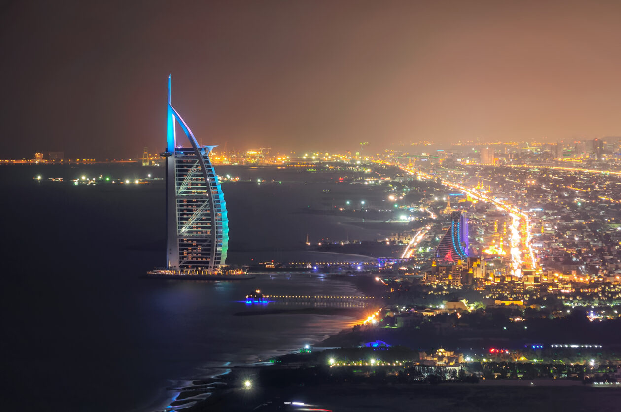 DUBAI, UAE - MAR 18, 2014: Famous Jumeirah beach view with 7 star hotel Burj Al Arab, Dubai, United Arab Emirates