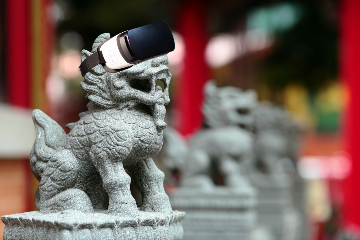 Lion statue wearing VR goggles | Nanjing City district announces bold metaverse goals as China competition heats up | China, Metaverse, A.I. - Artificial Intelligence