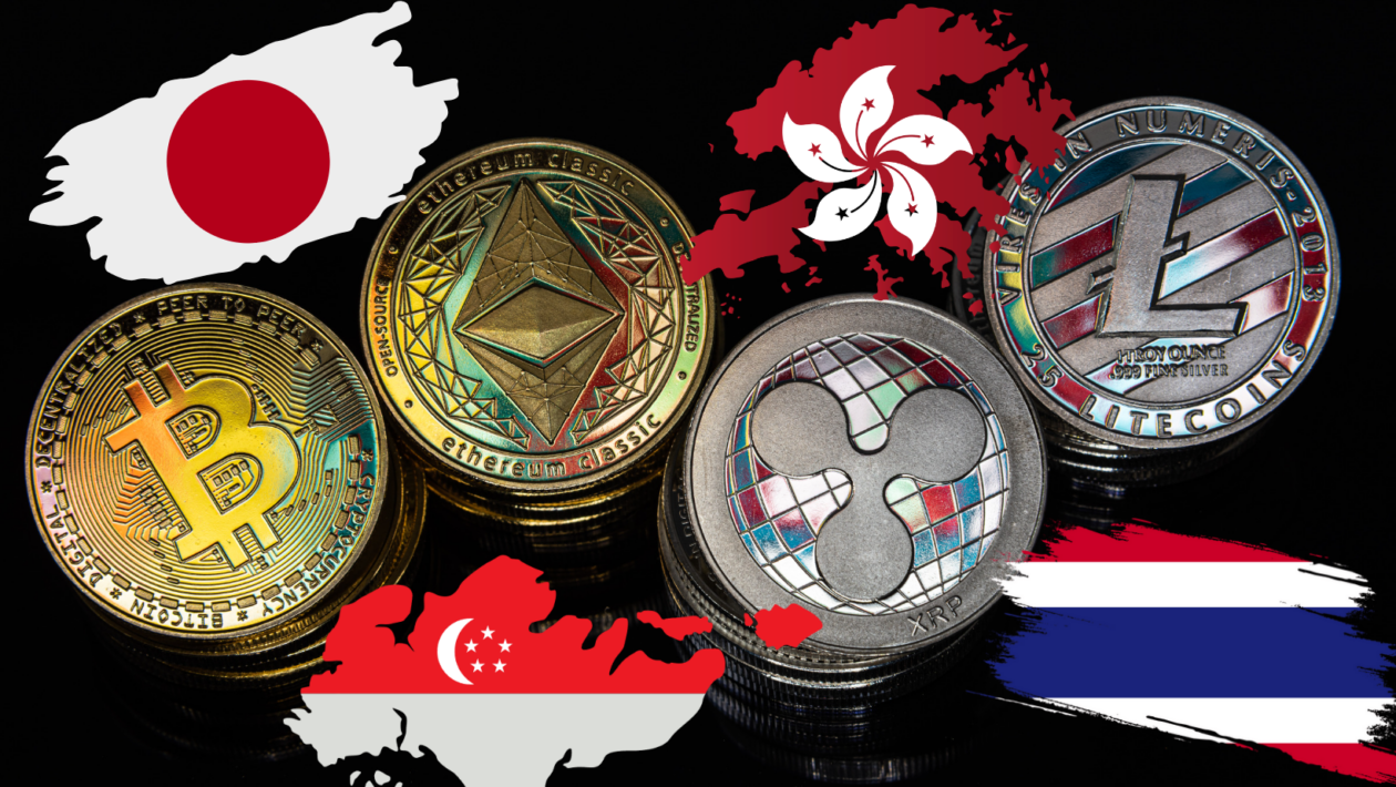 cryptocurrency tokens and flags of Hong Kong, Japan, Singapore and Thailand