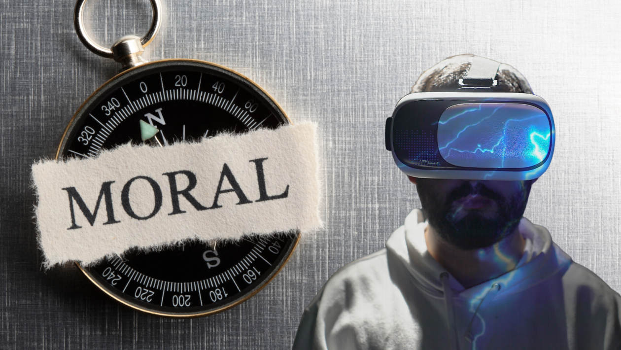 a moral compass and a man in virtual reality metaverse concept
