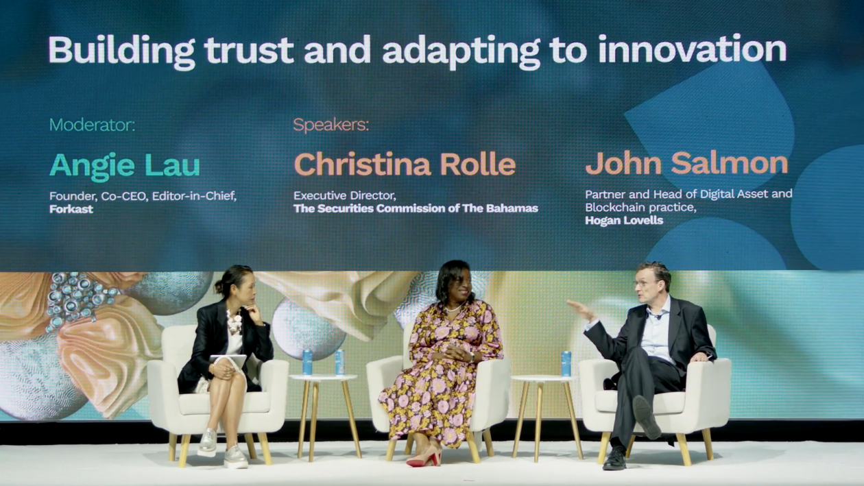 From left to right: Forkast Editor-in-Chief Angie Lau, Bahamas Securities Commission Executive Director Christina Rolle, and Hogan Lovells Partner John Salmon in a panel discussion at D3 Bahamas