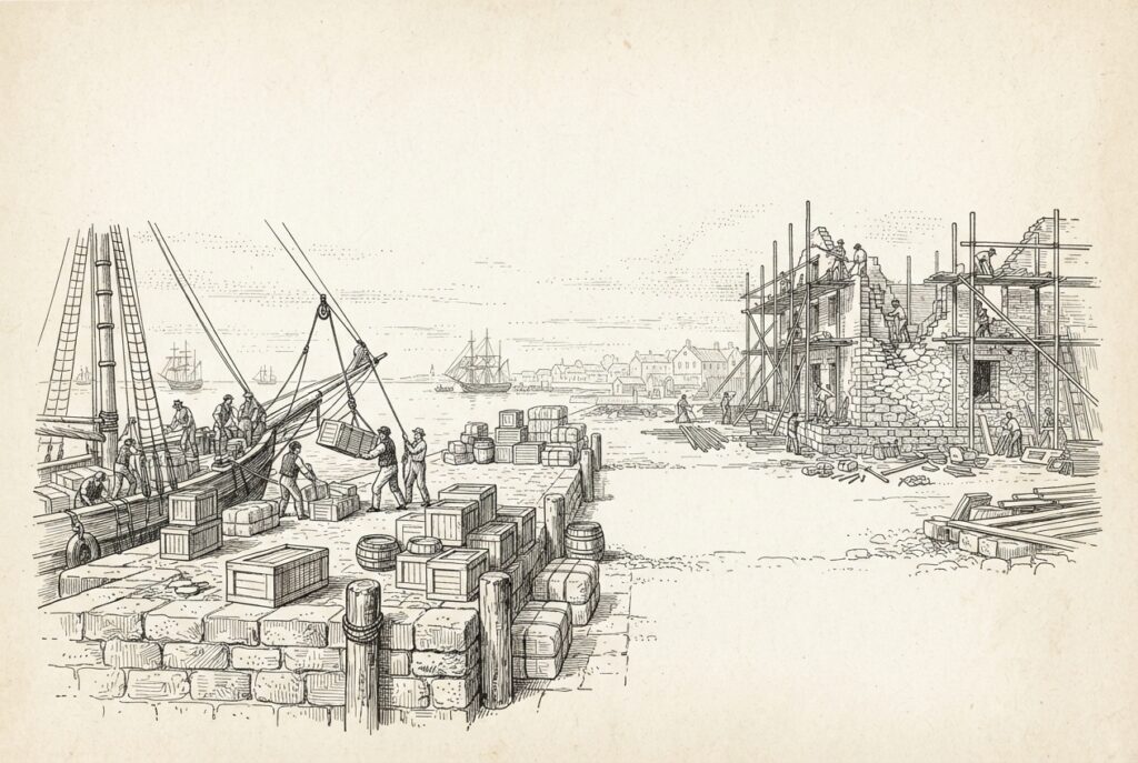 A stone wharf where cargo is being unloaded, with a gap between the dock and a building under construction behind it - representing the missing regulated execution venue that Coinbase's FCA authorization is building for agent trading.