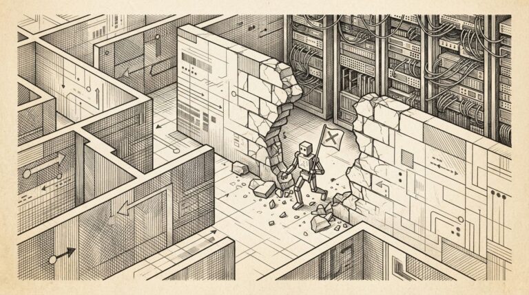 Hand-drawn ink engraving of a capture-the-flag cybersecurity exercise sandbox with a crumbling wall revealing real production servers behind it. A small robot carries a flag through the gap, unaware it has crossed from exercise into reality.