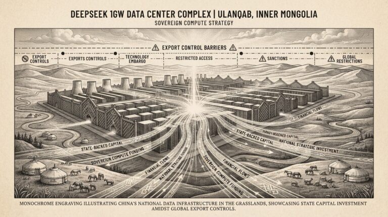 Monochrome editorial engraving of a massive data center complex rising from the grasslands of Inner Mongolia, with cooling towers and server racks blending into traditional Mongolian landscape, representing China's sovereign compute strategy.