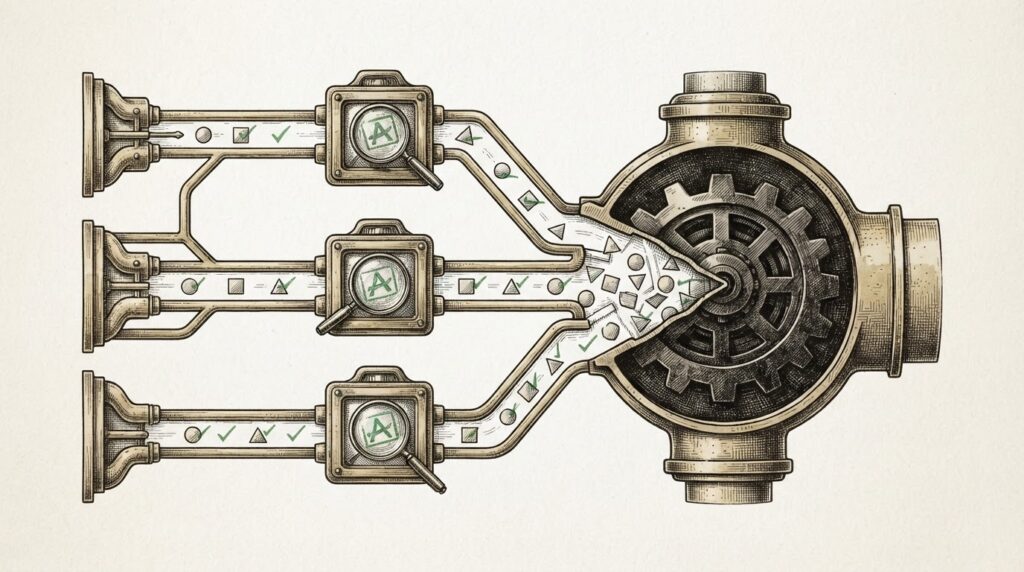 Engraved cross-section of a multi-agent system: each individual inspection gate passes cleanly, but the assembled output at center forms a hidden attack pattern invisible to any single local observer. Monochrome pen-and-ink on warm paper, Forkast Ink house style.