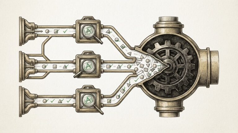 Engraved cross-section of a multi-agent system: each individual inspection gate passes cleanly, but the assembled output at center forms a hidden attack pattern invisible to any single local observer. Monochrome pen-and-ink on warm paper, Forkast Ink house style.