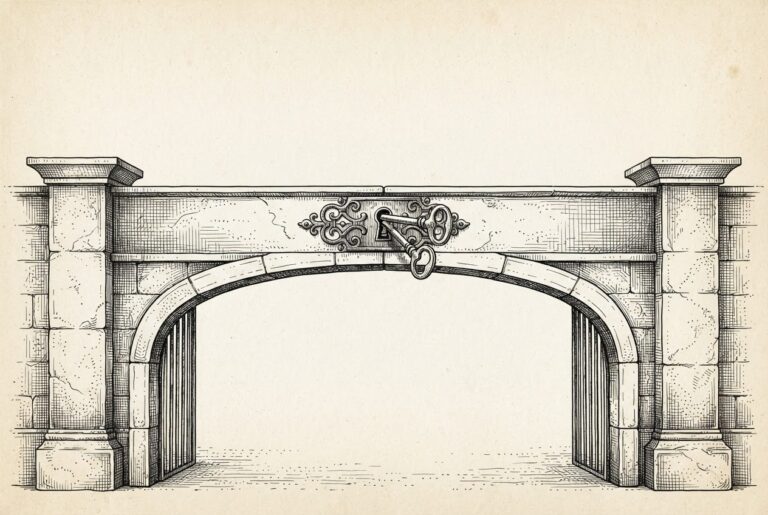 Ink illustration of two keys jammed in the same lock mounted on a wide-open stone gate - the passage beneath is clear and passable, but both keys block each other from turning. The fight is over the mechanism, not the access.