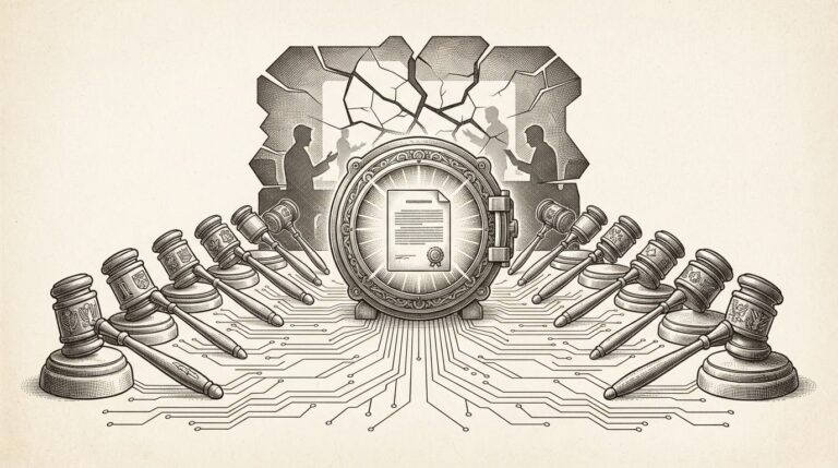 Fifteen state gavels converging on a central preservation document, cracked sandbox with agent silhouettes in the background. Monochrome editorial engraving.