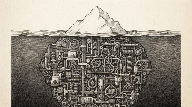 Monochrome engraving of an iceberg cross-section where the small visible tip above the waterline is plain while the massive submerged portion is filled with intricate cross-hatched machinery, gears, and recursive loops representing hidden process costs beneath token expenses