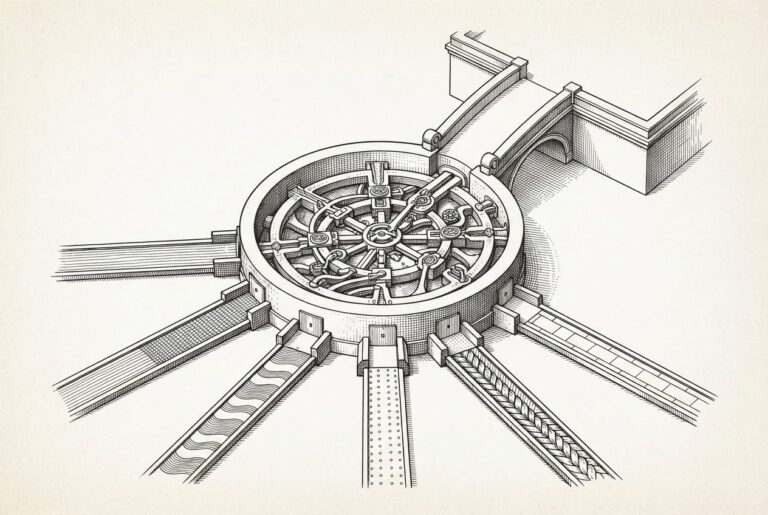 Monochrome engraved lockhouse diagram with six distinct payment rails feeding a central routing chamber and one broad settlement exit, symbolizing abstraction across protocols and assets.