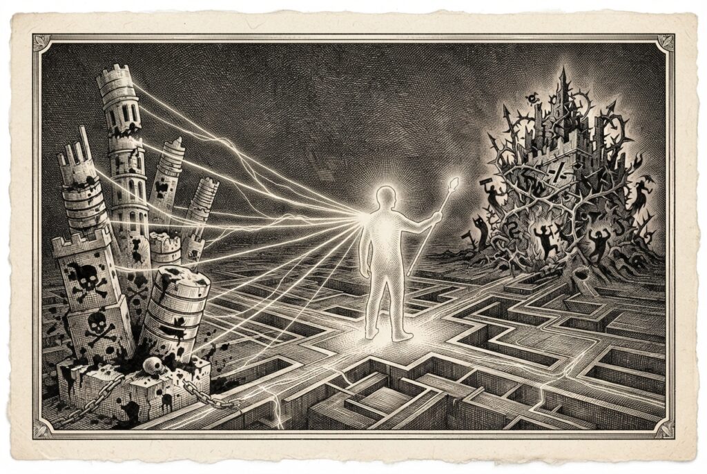 A glowing agent silhouette discovers malicious repositories from a poisoned registry, with trust chains visualized as fragile glowing threads connecting to contaminated sources.