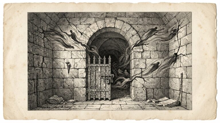 A sealed chamber with a heavy locked gate, but shadowy figures slipping through cracks in the walls - representing security bypass in agent harness systems
