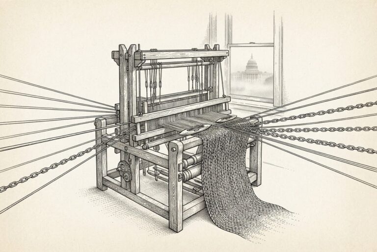 An antique wooden weaving loom with multiple types of threads converging from different directions - smooth card-network threads, chain-linked crypto threads, and mechanical processor threads - woven into a single fabric by unmanned shuttles. Through a window behind the loom, a distant government building is visible but shrouded in haze.
