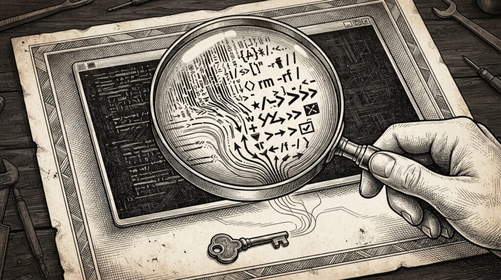 Monochrome pen-and-ink engraving of a developer's terminal screen where error messages from a monitoring dashboard morph into dangerous executable commands, a key connecting the monitoring system to the developer's machine