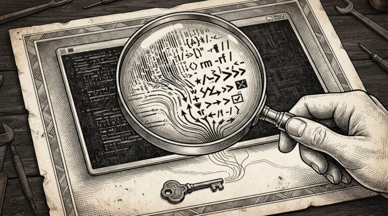 Monochrome pen-and-ink engraving of a developer's terminal screen where error messages from a monitoring dashboard morph into dangerous executable commands, a key connecting the monitoring system to the developer's machine