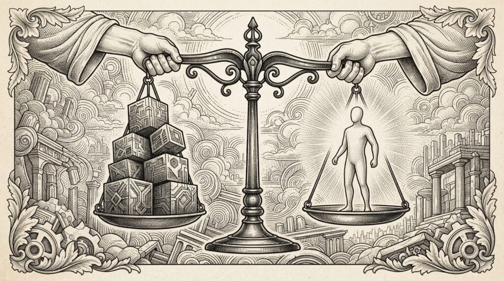 A contested weighing scale where one side holds geometric GPU blocks and the other a glowing agent figure, with two pairs of hands pulling the scale frame in different directions — allegory for the battle over who defines agent infrastructure benchmarks.